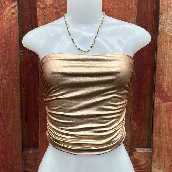 Fashion Nova Gold Strapless Ruched Tube Top Size S - Picture 3 of 7